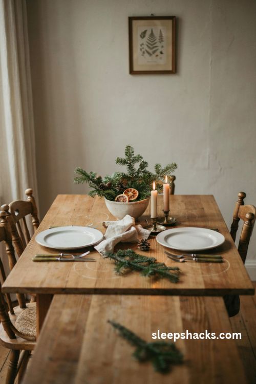 Small Christmas centerpieces with candles greenery and rustic vintage table decor