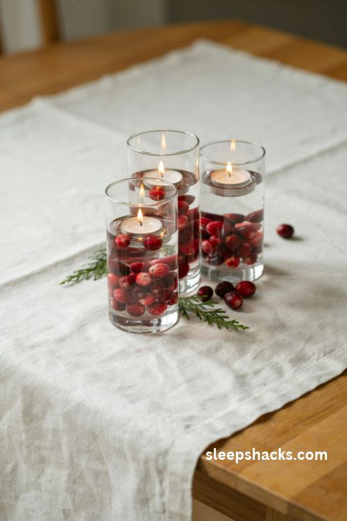 Small Christmas cranberry candle jar centerpiece with floating candle and red berries