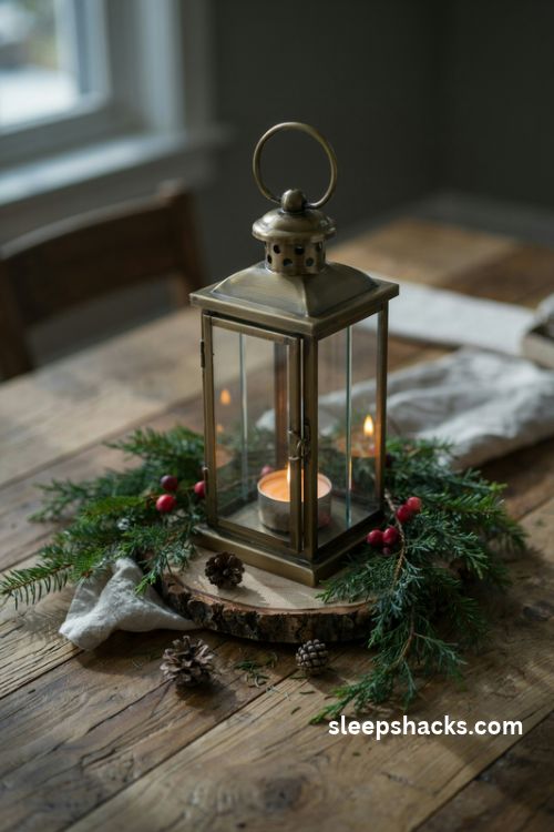 Small Christmas lantern centerpiece with warm candlelight fir greenery and red berries