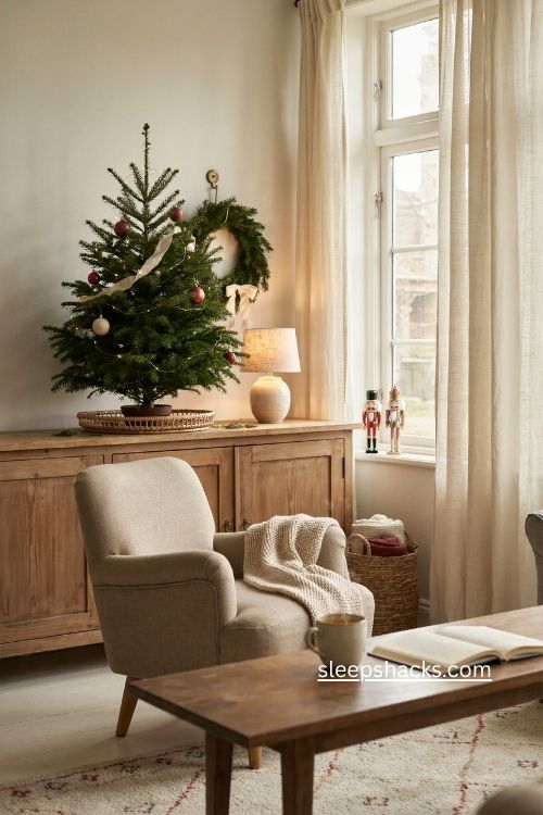 Small Christmas tabletop tree for cozy tiny living room with simple decor