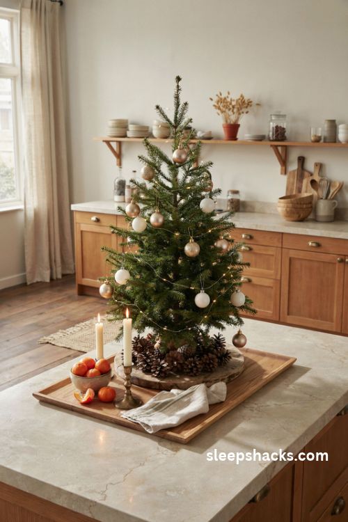 Small Christmas tree centerpiece on a farmhouse kitchen island with pinecones and clementines