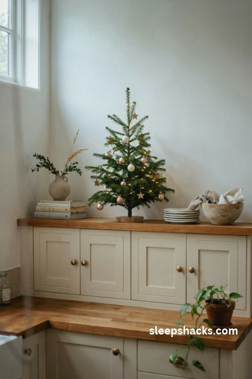Small Christmas tree on open kitchen shelves with white dishes and cozy warm fairy lights