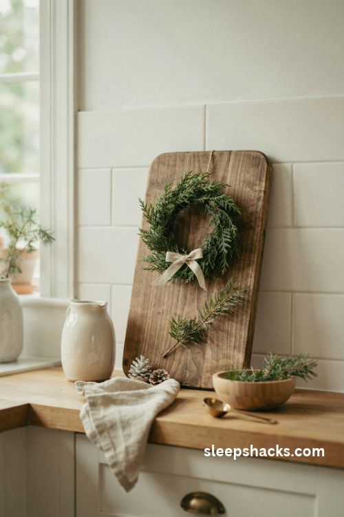 Small kitchen Christmas cutting board decor with a mini evergreen wreath and pine sprigs