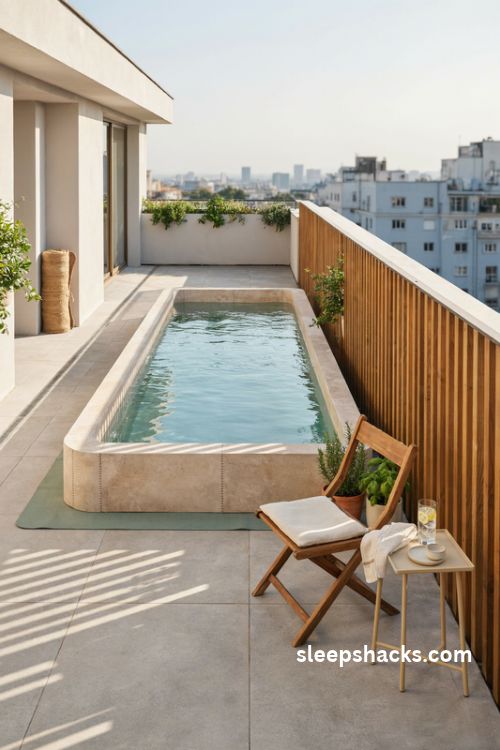 Small adult inflatable pool on a rooftop terrace with cozy seating and potted herbs