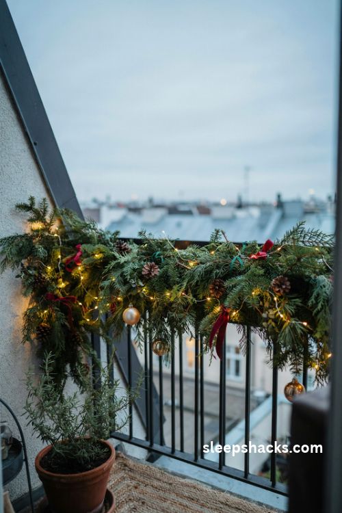 Small balcony Christmas decor with lush evergreen garland draped along the railing warm white fairy lights pinecones and cranberry ribbon bows