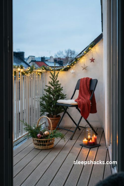 Small balcony Christmas decor with warm white railing lights a miniature potted Christmas tree a cozy folding chair and rental friendly decorations