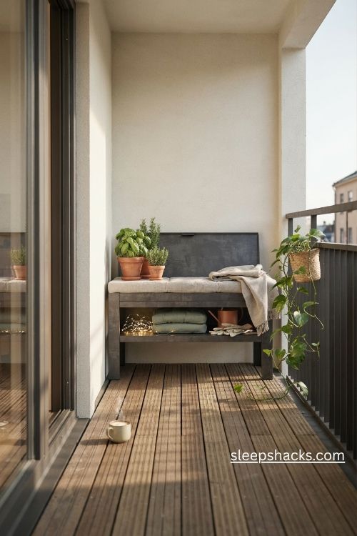 Small balcony storage bench seating with hidden storage and cozy outdoor cushions