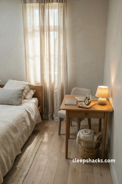 Small bedroom desk that doubles as a nightstand with cozy decor