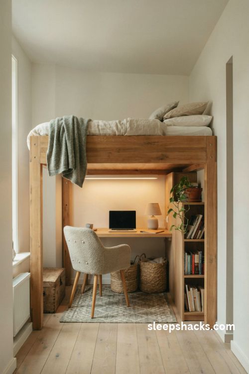 Small bedroom desk under loft bed with cozy space saving design