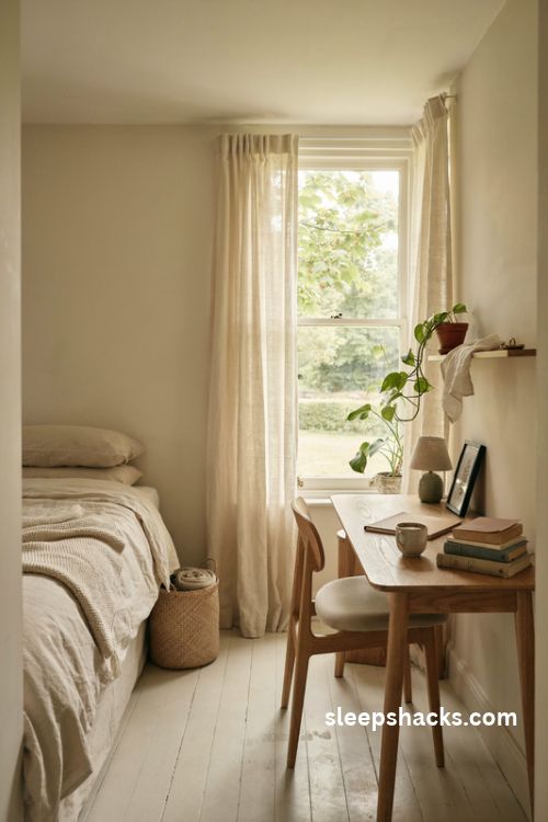 Small bedroom desk under the window with natural light and cozy decor