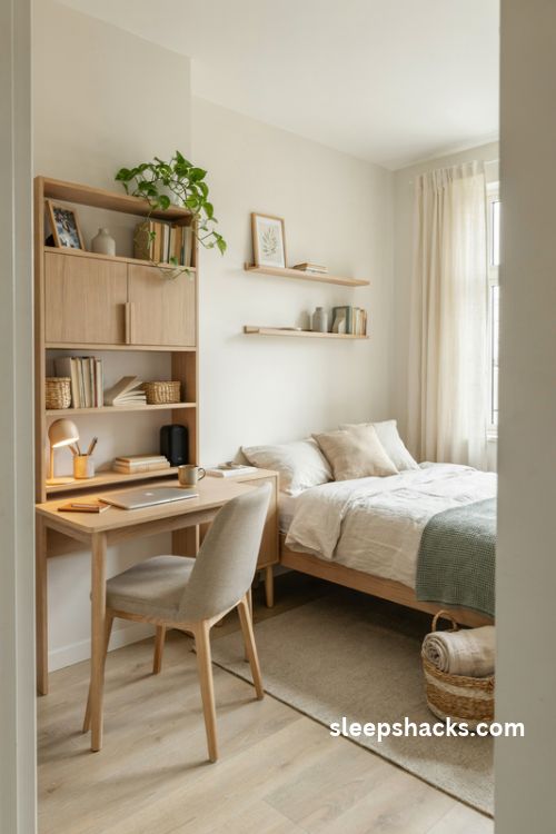 Small bedroom desk with built in hutch and space saving shelves