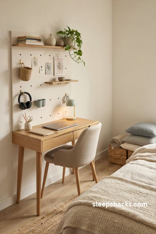 Small bedroom desk with pegboard wall and floating shelves for storage