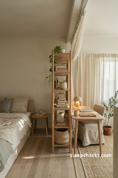 Small bedroom divider ideas to separate a cozy desk from the bed