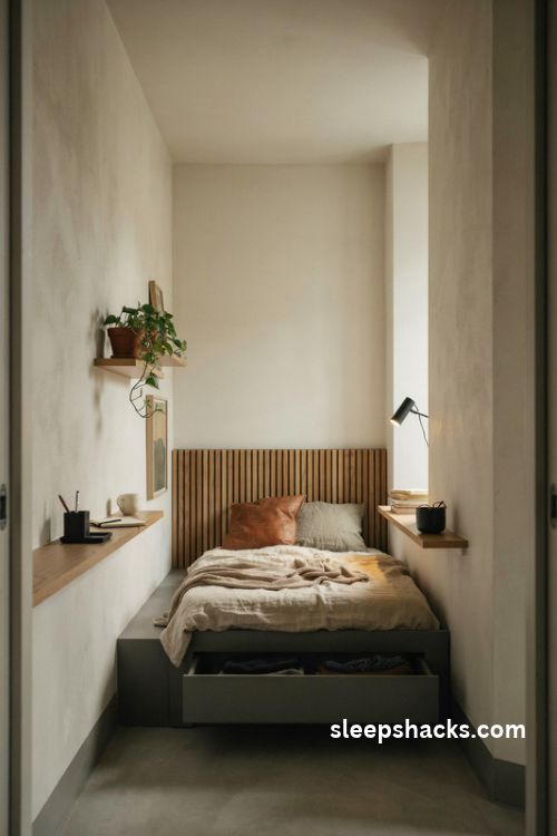 Small bedroom ideas for men with a charcoal platform bed and smart space saving storage
