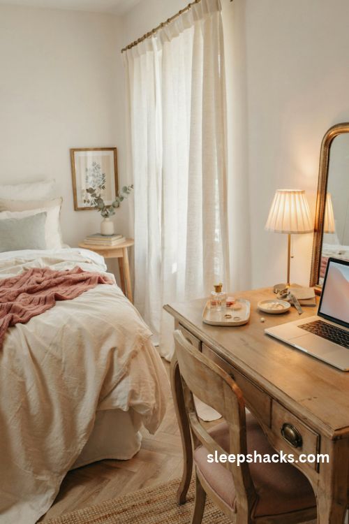 Small bedroom vanity desk combo with vintage mirror and cozy decor