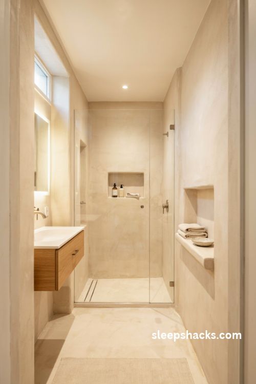 Small beige microcement bathroom makeover with seamless walls and space saving storage