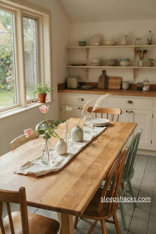 Small bud vase centerpiece with single flower stems on a rustic kitchen table