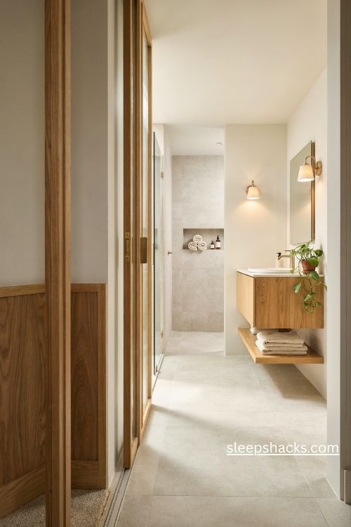 Small ensuite bathroom ideas with a frosted glass pocket door and space saving design