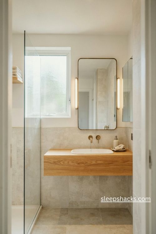 Small ensuite bathroom ideas with an oversized backlit mirror and warm brass accents