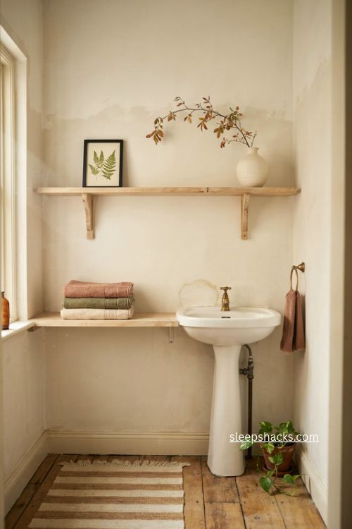 Small fall bathroom with earthy towels textured mat and autumn branches 