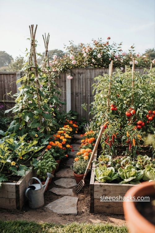 Small garden plans with a compact productive vegetable patch full of tomatoes chilies and climbing beans