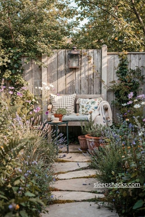Small garden plans with a cozy corner seating nook surrounded by lavender and lush greenery