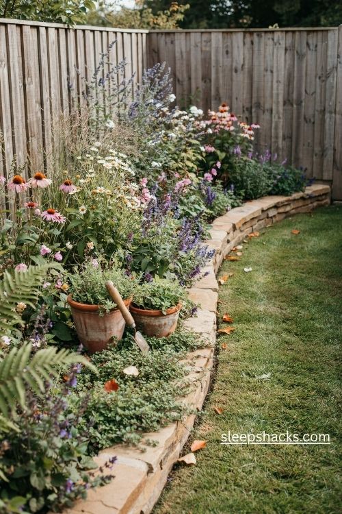 Small garden plans with a curved flower border and layered cottage garden plants