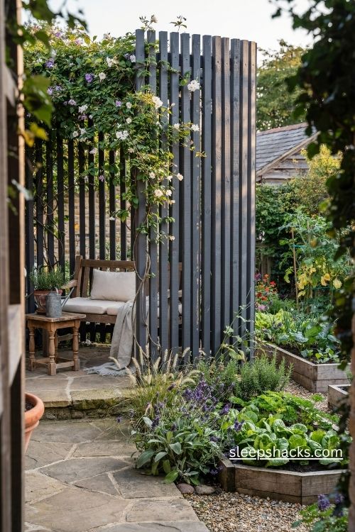 Small garden plans with a decorative charcoal slatted screen divider and climbing plants