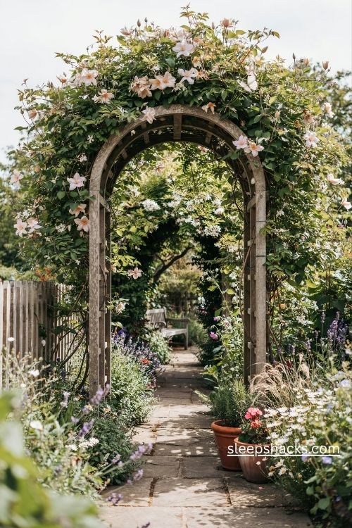 Small garden plans with a romantic trellis archway covered in clematis and jasmine flowers