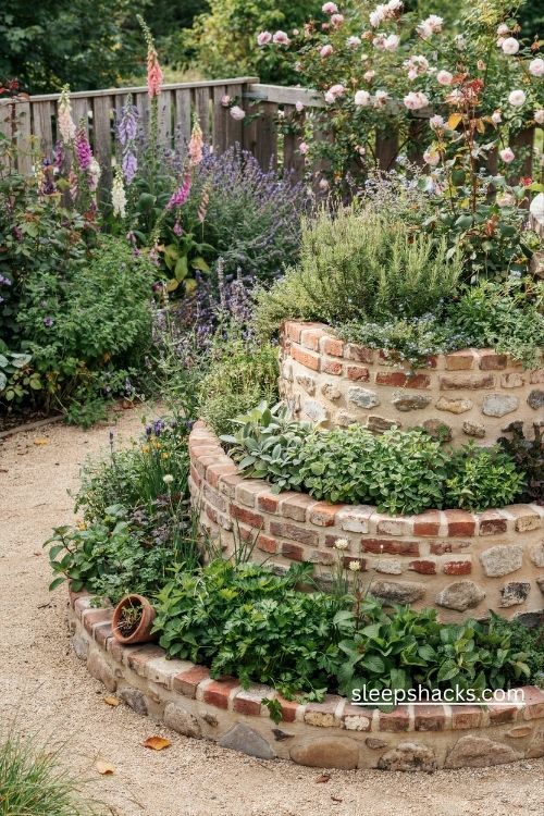 Small garden plans with a rustic spiral herb garden made of reclaimed bricks and natural stones