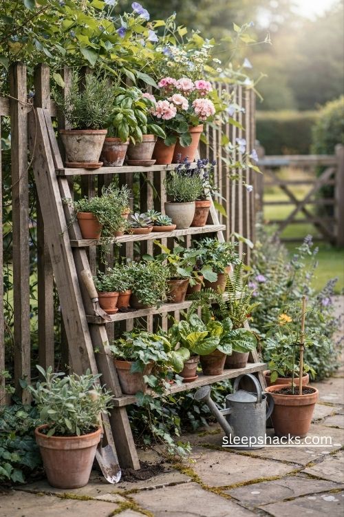 Small garden plans with a rustic tiered wooden plant stand filled with flowers and herbs