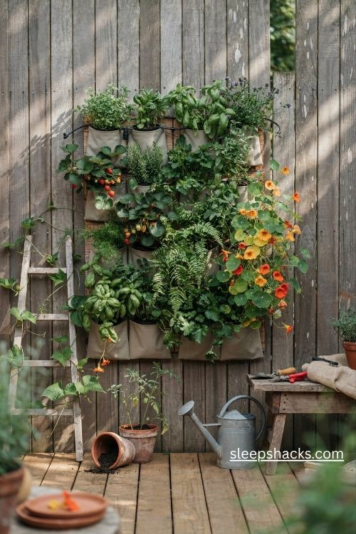 Small garden plans with a rustic vertical wall garden full of herbs strawberries and trailing flowers