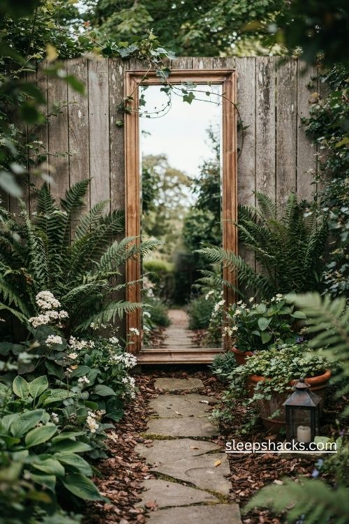 Small garden plans with a vintage outdoor mirror reflecting lush greenery to make a small garden look bigger