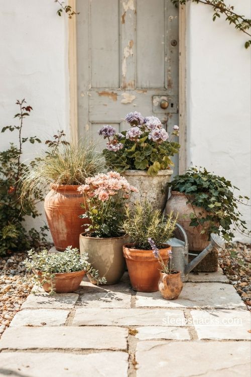 Small garden plans with beautiful container clusters of flowers and greenery beside a cozy entrance
