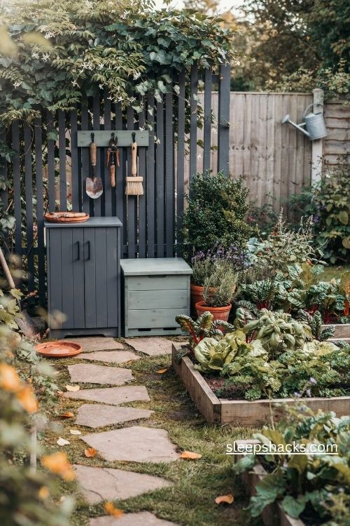 Small garden plans with hidden outdoor storage and a compost corner behind a leafy trellis
