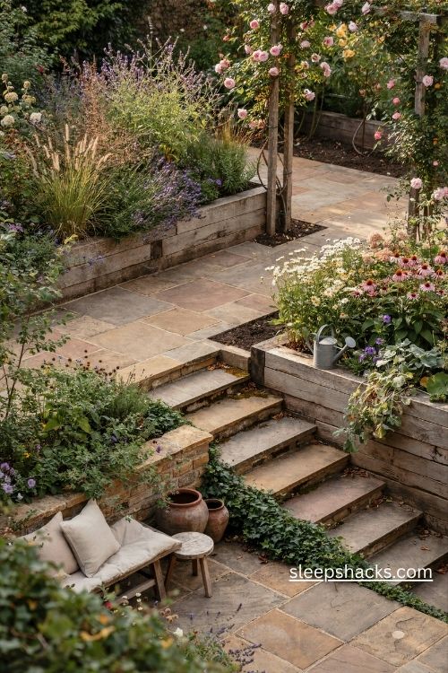 Small garden plans with stone steps raised flower beds and a cozy sunken seating area