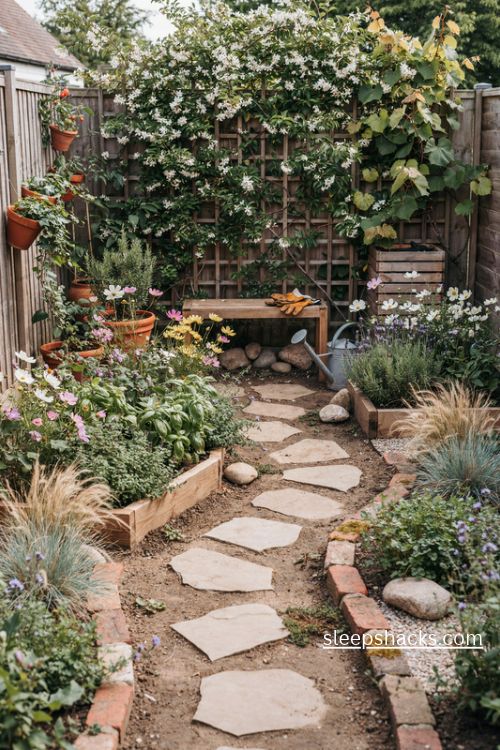 Small garden plans with winding paths, raised beds, cozy seating and layered greenery
