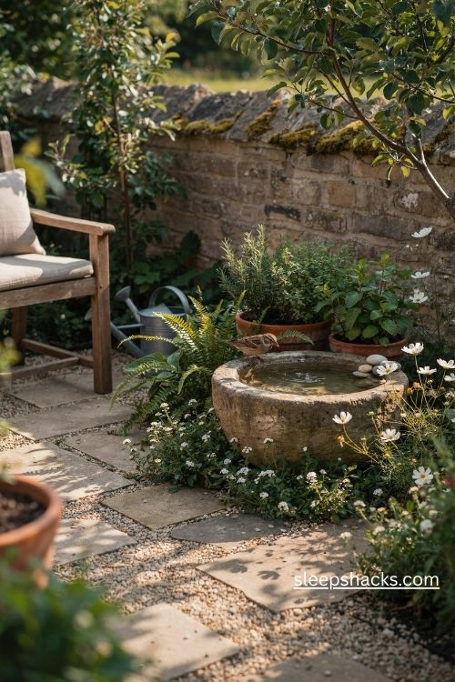 Small garden water feature with a bubbling stone basin and cozy outdoor seating