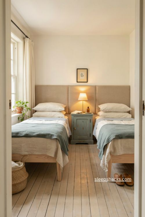 Small guest room ideas with twin beds and shared storage nightstand