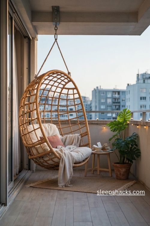 Small hanging chair for a flat balcony with natural rattan woven textures and cozy cushions