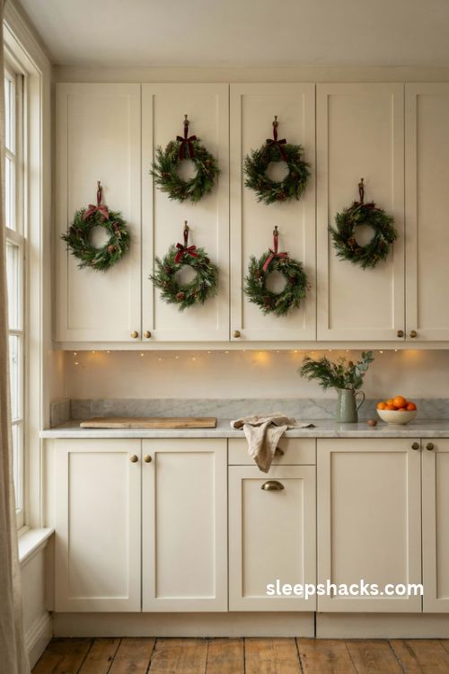 Small kitchen Christmas cabinet wreaths with matching ribbons and evergreen holiday decor