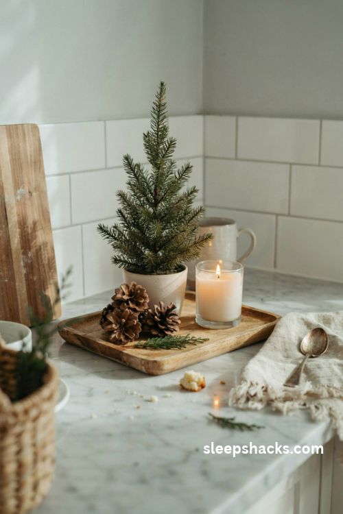 Small kitchen Christmas counter tray decor with a mini tree candle and pinecones