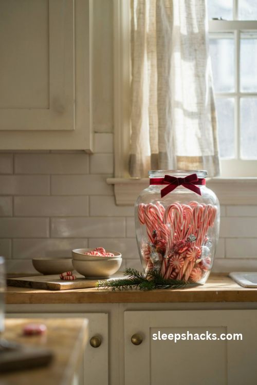 Small kitchen Christmas decor with a glass jar of candy canes and peppermint treats