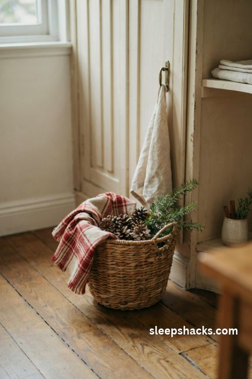 Small kitchen Christmas decor with a woven basket plaid blanket and pinecones