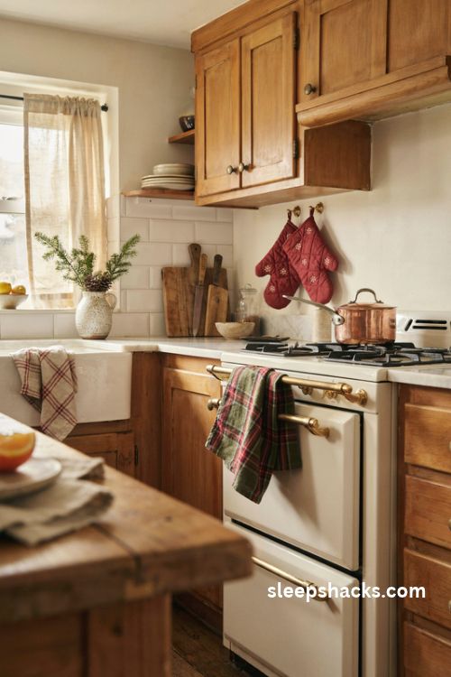 Small kitchen Christmas decor with red plaid dish towels and matching oven mitts