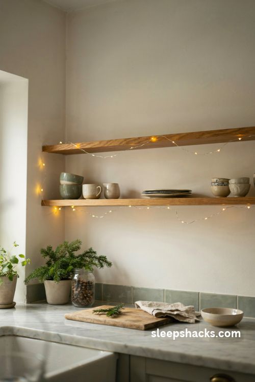 Small kitchen Christmas fairy lights under open shelves with cozy warm lighting