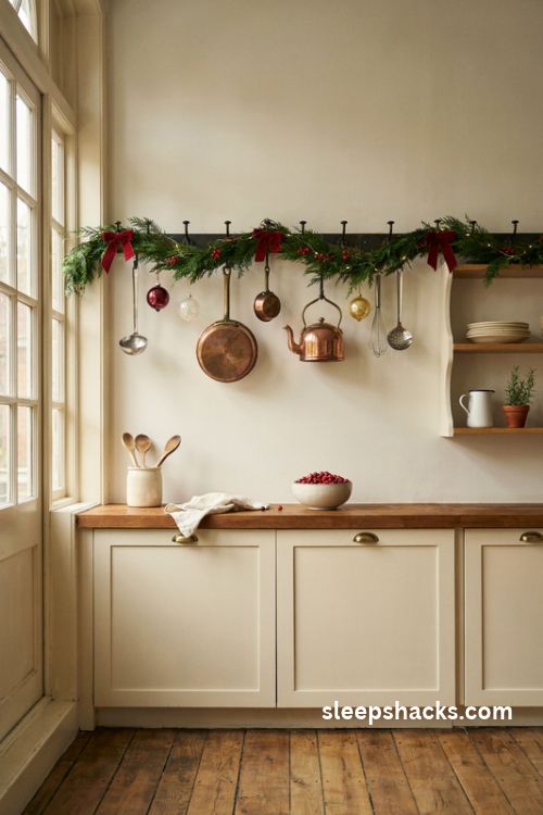 Small kitchen Christmas pot rack garland with red bows copper pots and hanging ornaments
