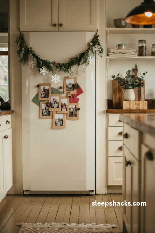 Small kitchen Christmas refrigerator decor with magnetic garland paper snowflakes and festive magnets