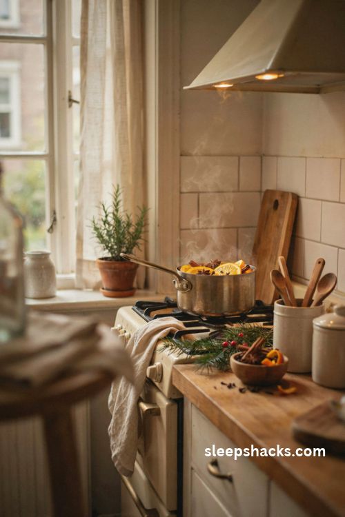 Small kitchen Christmas simmer pot with fresh orange slices cinnamon sticks and cloves