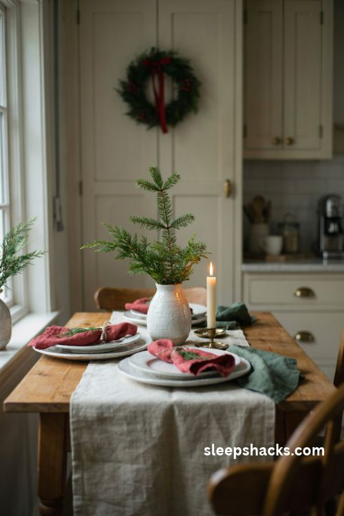 Small kitchen Christmas table setting with linen runner candle and evergreen centerpiece
